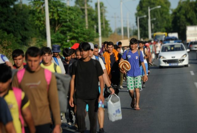 A group of migrants walk near Belgrade on July 22, 2016, to protest the closed border prev