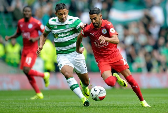 Celtic's defender Emilio Izaguirre vies with Leicester City's midfielder Riyad Mahrez (R)