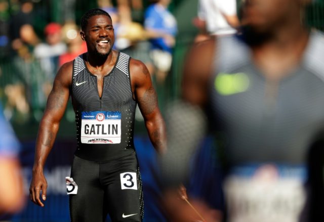 Justin Gatlin celebrates after winning the men's 100m final during the 2016 US Olympic Tra