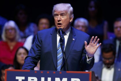 Republican presidential candidate Donald Trump speaks during a campaign rally at Merrill A