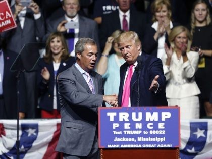 Republican presidential candidate Donald Trump welcomes Nigel Farage, ex-leader of the Bri
