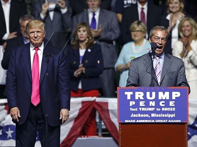 Nigel Farage, ex-leader of the British UKIP party, speaks as Republican presidential candidate Donald Trump, left, listens, at Trump's campaign rally in Jackson, Miss., Wednesday, Aug. 24, 2016. (AP Photo/Gerald Herbert)