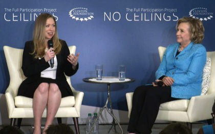 In this image taken from video, Chelsea Clinton, left, speaks to the audience as she co-hosts Girls: A No Ceilings Conversation, with her mother, former Secretary of State Hillary Rodham Clinton, in New York, Thursday, April 17, 2014. The daughter of former president Bill Clinton and the former Secretary of …