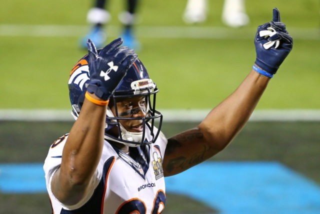 SANTA CLARA, CA - FEBRUARY 07: Demaryius Thomas #88 of the Denver Broncos reacts after a