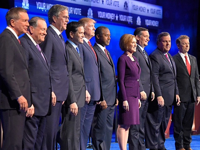 In this photo taken Oct. 28, 2015, Republican presidential candidates, from left, John Kas