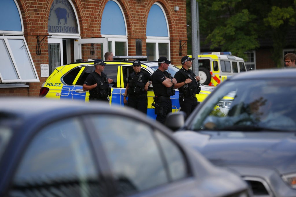 British armed police stand guard outside RAF Marham airbase in Norfolk, England on July 21, 2016. Police are hunting two men after a serviceman was threatened with a knife yesterday near an RAF base in Norfolk. / AFP / Lindsey Parnaby (Photo credit should read LINDSEY PARNABY/AFP/Getty Images)