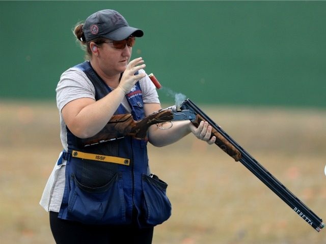 Kim Rhode of the United States shoots in a training session prior to the start of the Rio 2016 Olympic Games at the Olympic Shooting Centre on August 4, 2016 in Rio de Janeiro, Brazil.