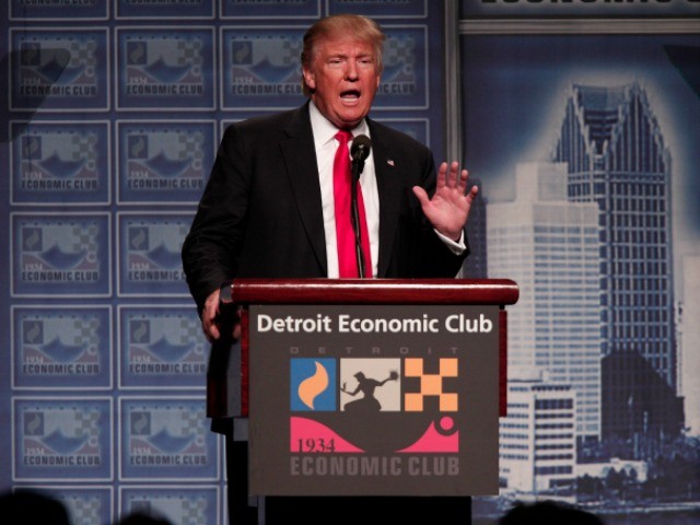 DETROIT, MI - AUGUST 8: Republican presidential candidate Donald Trump delivers an economic policy address detailing his economic plan at the Detroit Economic Club August 8, 2016 in Detroit Michigan (Bill Pugliano/Getty Images).