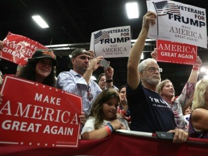 Supporters hold up signs during a campaign rally of Republican presidential nominee Donald