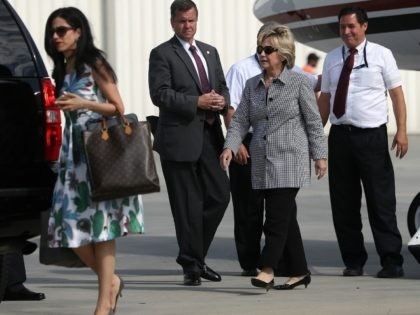 Democratic presidential nominee former Secretary of State Hillary Clinton walks off of her