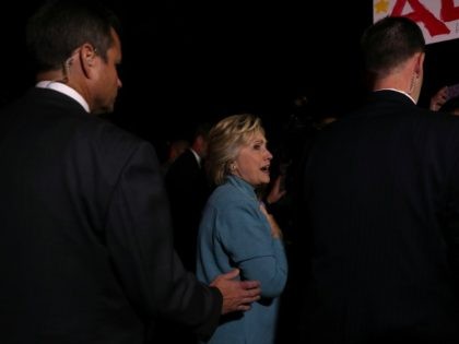 Democratic presidential nominee former Secretary of State Hillary Clinton greets supporters after attending a fundraiser on August 23, 2016 in Piedmont, California.
