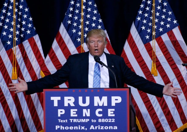 PHOENIX, AZ - AUGUST 31: Republican presidential nominee Donald Trump speaks during a cam