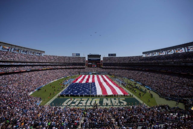 SAN DIEGO, CA - SEPTEMBER 11: A general view of the field with giant American flag during the San Diego Chargers vs. the Minnesota Vikings season-opening game on September 11, 2011 at Qualcomm Stadium in San DIego, California. (Photo by Donald Miralle/Getty Images)