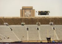 University of Notre Dame vs University of South Florida College Football: View of nearly empty stands as fans evacuated during Notre Dame vs South Florida due to extreme weather and tornado warning at Notre Dame Stadium. Touchdown Jesus in foreground. South Bend, IN 9/3/2011 CREDIT: Fred Vuich (Photo by Fred Vuich /Sports Illustrated/Getty Images) (Set Number: X86348 TK1 R8 …