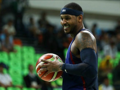 RIO DE JANEIRO, BRAZIL - AUGUST 06: Carmelo Anthony #15 of United States reacts during the game against the China in the Men's Preliminary Round Group A match on Day 1 of the Rio 2016 Olympic Games at Carioca Arena 1 on August 6, 2016 in Rio de Janeiro, Brazil. …