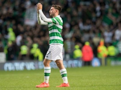 Patrick Roberts of Celtic applauds the Celtic fans at the end of the match during the UEFA