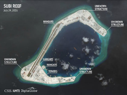 Construction are seen on Subi Reef in the Spratly islands, in the disputed South China Sea