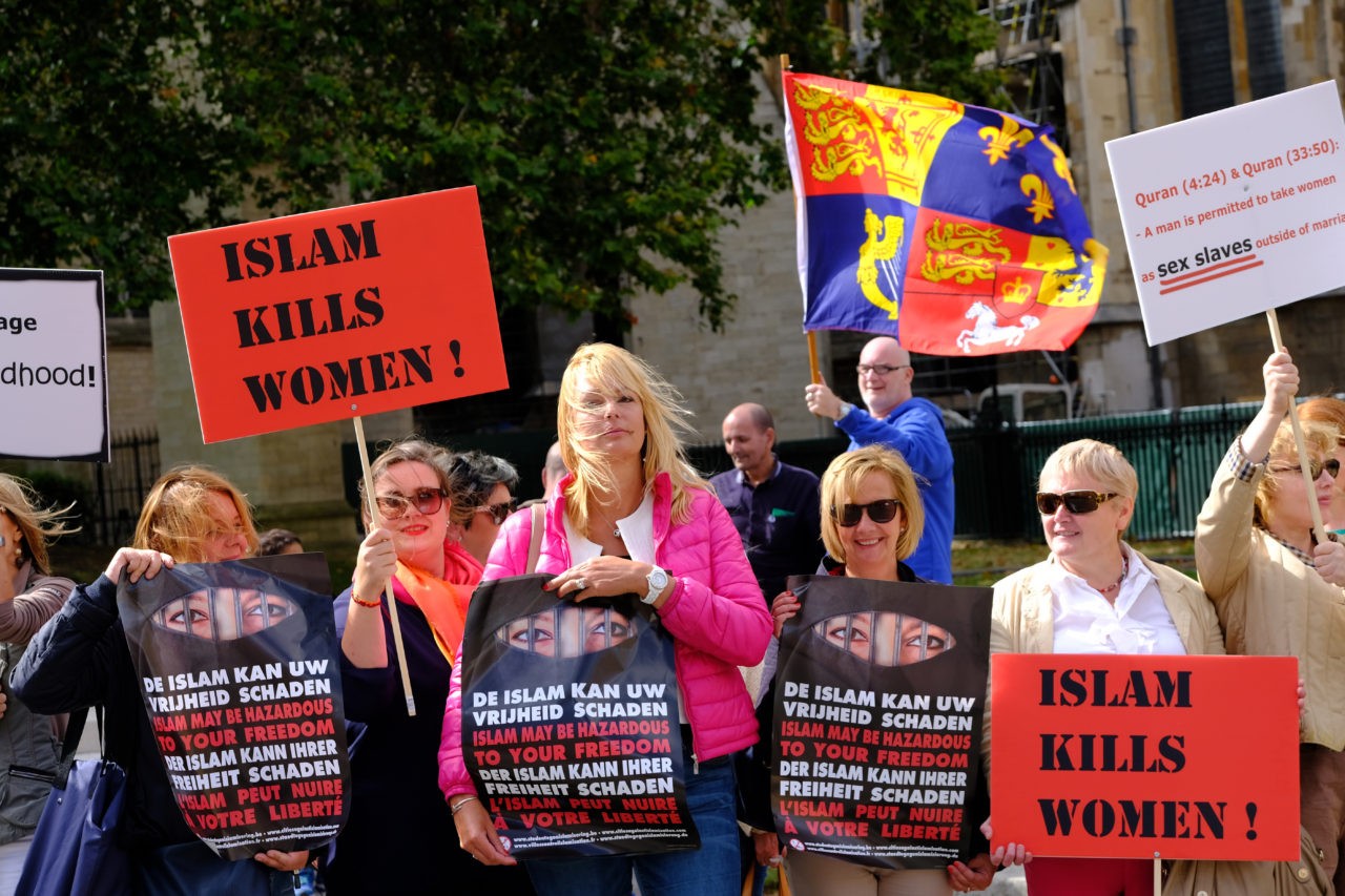 'Islam kills women' demo called by Anne-Marie Waters outside Parliament , London