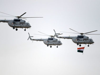 INDIA, POKHRAN : Indian Air Force (IAF) MI - 17 helicopters, one displaying the Indian tri