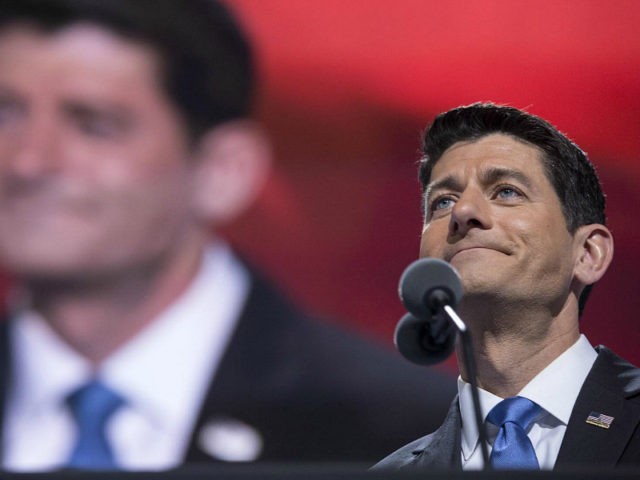 CLEVELAND, OHIO -- TUESDAY, JULY 19, 2016: Speaker Paul Ryan speaks at the Republican National Convention at Quicken Loans Arena in Cleveland, Ohio, on July 19, 2016. (Photo by Brian van der Brug/Los Angeles Times via Getty Images)
