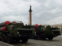 Russia, St. Petersburg : 2834528 04/28/2016 S-400 Triumph surface-to-air missile systems roll through Palace Square in St. Petersburg during Victory Day Parade rehearsal. Alexei Danichev/Sputnik