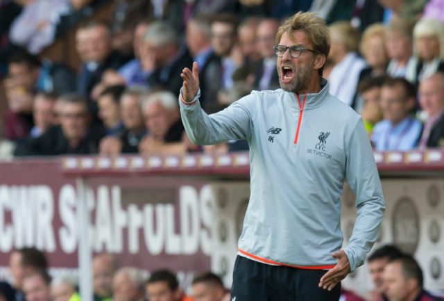 Liverpool's manager Jurgen Klopp yells from the touchline at Turf Moor in Burnley, north w