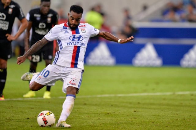 Lyon's French forward Alexandre Lacazette kicks a penalty during the French Ligue 1 footba