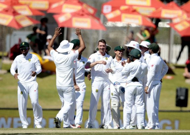 South Africa fast bowler Dale Steyn (C) celebrates the dismissal of New Zealand batsman To