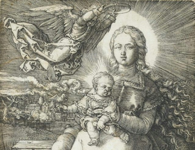 The copperplate print "Maria, crowned by an angel", by German artist Albrecht Duerer, date