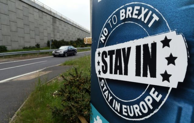 A "No To Brexit" sign is pictured on the outskirts of Newry in Northern Ireland on June 7,
