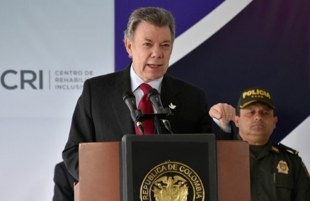 Colombian President Juan Manuel Santos delivers a speech , in Bogota on August 29, 2016 du