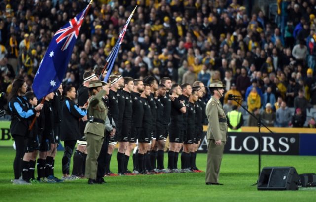 New Zeland players sing national anthem prior to their Bledisloe Cup Rugby Championship ma