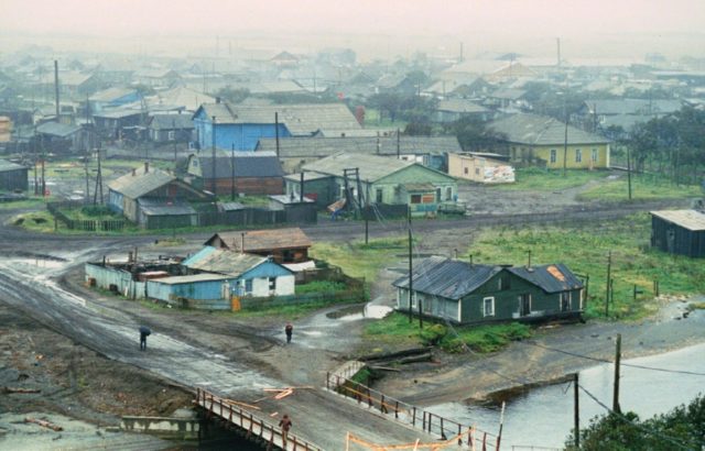 General view of Russian town of Kunashir, part of the Kuril islands chain in the Pacific,