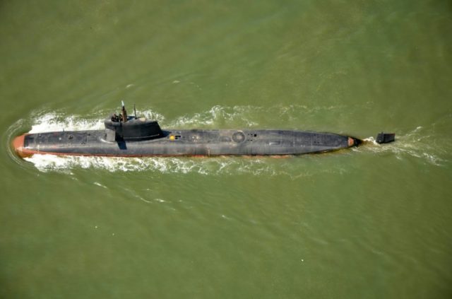 India's Scorpene Class Submarine INS Kalvari takes part in its maiden sea trials off the c