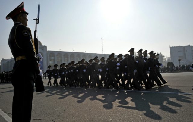 Kyrgyz police parade through Ala-Too square in Bishkek