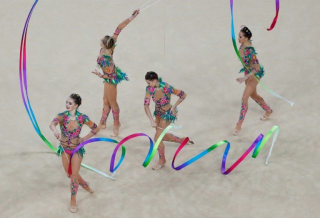 Russia's team compete in the group all-around final event of the Rhythmic Gymnastics durin