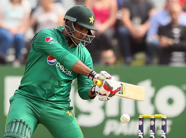 Pakistan's Sharjeel Khan plays a shot on the way to scoring a century during the first one