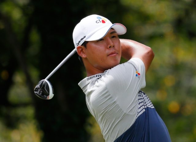 Kim Si-Woo of South Korea tees off the eighth hole during the second round of the Wyndham
