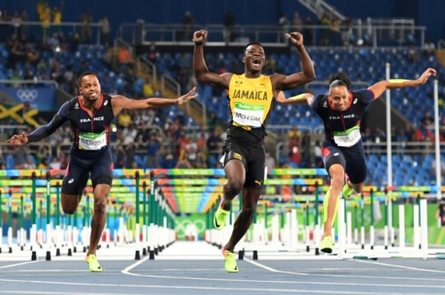 Jamaica's Omar McLeod (C) produced a powerful but smooth run to finish well ahead of Spain