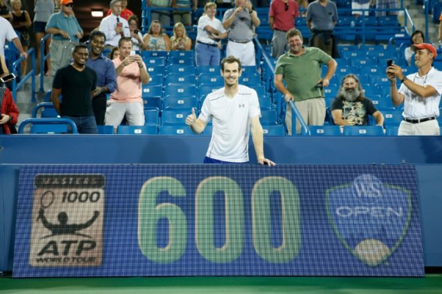 Andy Murray of Britain celebrates his 600th career win following a third round match again