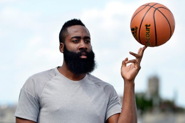 NBA basketball star James Harden poses before a press conference on August 20, 2016 in Par
