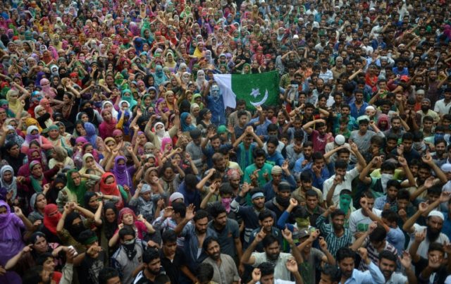 Kashmiri mourners shout anti-Indian and pro-freedom slogans during the funeral of four civ
