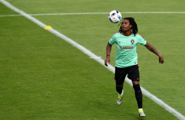 Portugal's midfielder Renato Sanches eyes the ball during a training session in Marcoussis