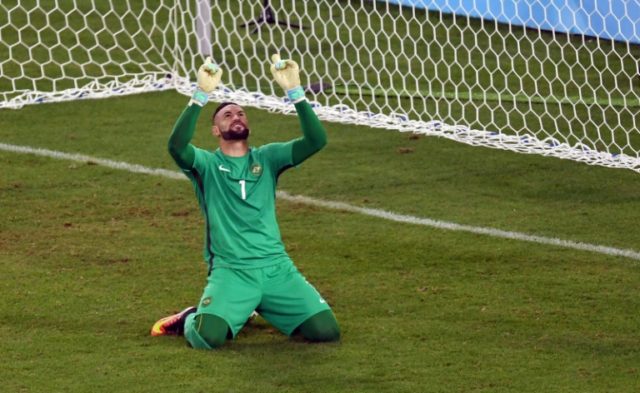 Brazil's goalkeeper Weverton, pictured after making a save during the penalty shoot-out of