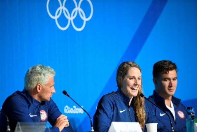 (From L) US swimmers Ryan Lochte, Missy Franklin and Nathan Adrian hold a press conference