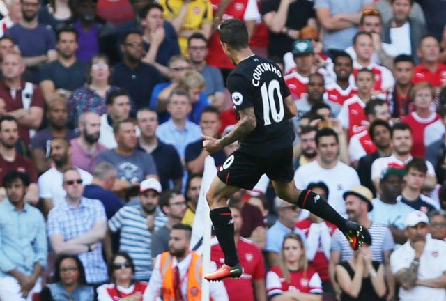 Liverpool's Philippe Coutinho celebrates scoring a goal during their English Premier Leagu