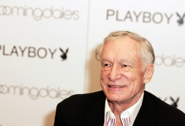 Hugh Hefner arrives at the launch of City Nights Playboy Menswear Collection at Bloomingda