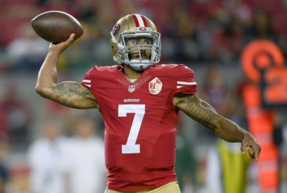 Quarterback Colin Kaepernick of the San Francisco 49ers throwing a pass against the Green