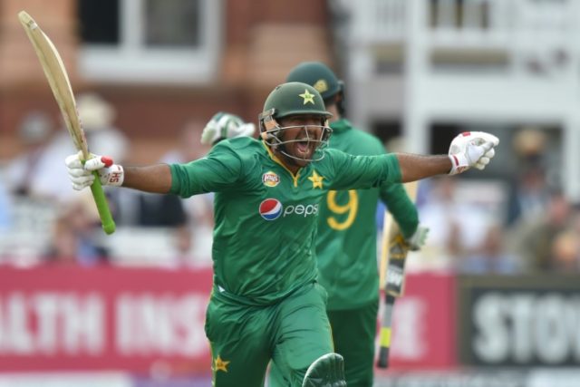 Pakistan's Sarfraz Ahmed celebrates reaching his century during play in the second one day