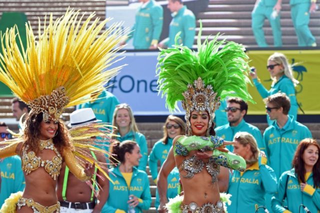 Brazilian dancers perform during welcome home celebrations for Australian Olympic athletes